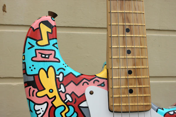 Customised Giant Fender Guitar, hand-painted Mister Phil Illustration Brighton